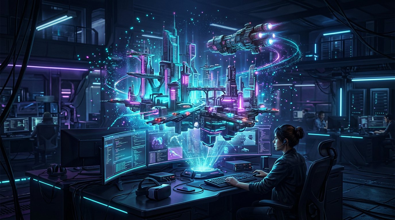Futuristic holographic game world in the Garc Game Inc development lab